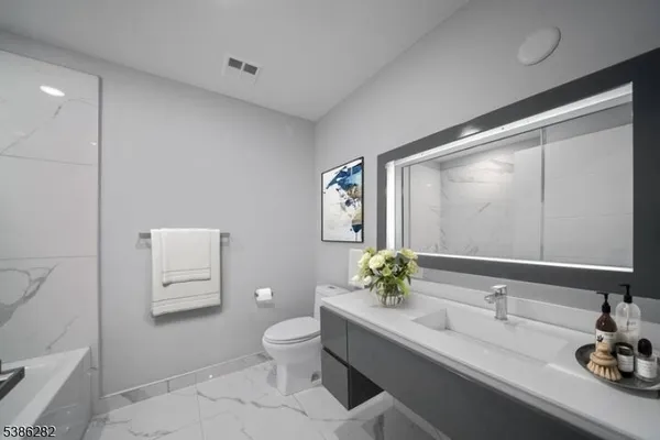 a bathroom with a granite countertop sink and a toilet