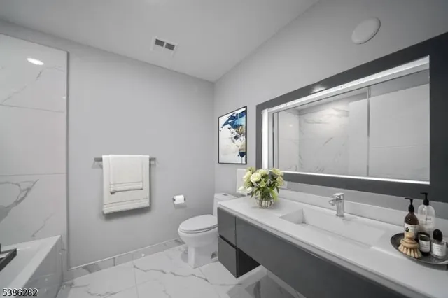 a bathroom with a granite countertop sink and a toilet
