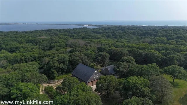 an aerial view of residential house with outdoor space and trees all around