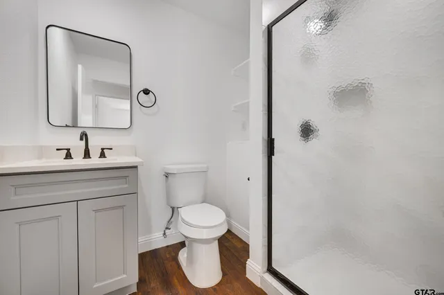 a bathroom with a toilet sink vanity and mirror