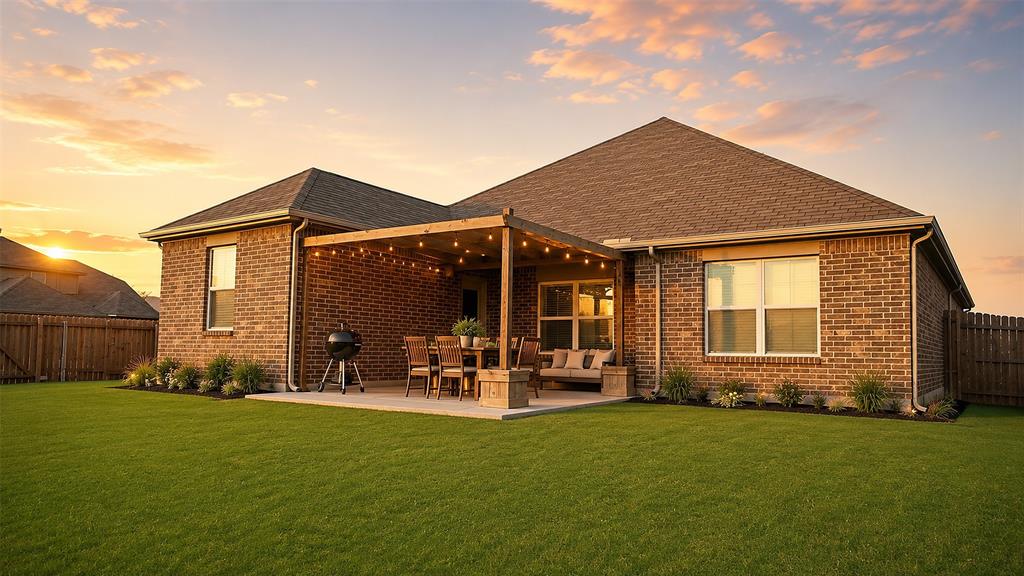 1837 Rialto Lane Crowley, TX 76036 - Photo 2 of 24 Expansive backyard featuring a manicured lawn, a concrete patio, a wood pergola, and brick exterior