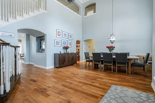 a view of a dining room with furniture