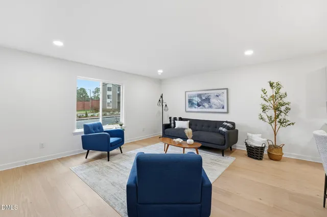 a living room with furniture and a potted plant