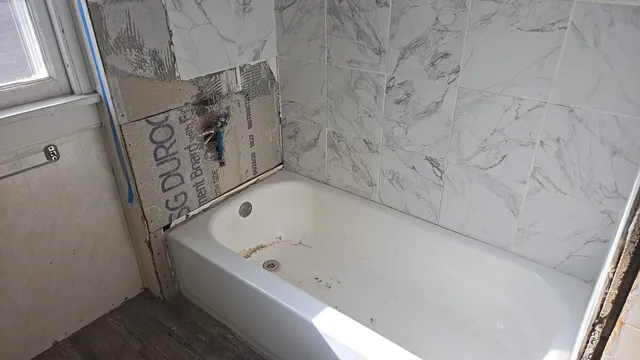 a bathroom with a bathtub