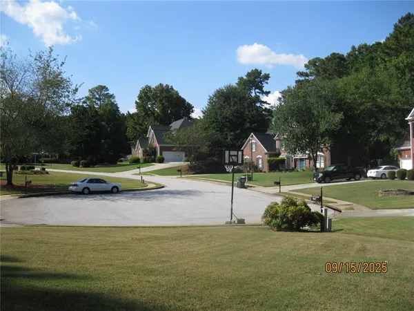 a view of a park with large trees