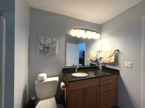 a bathroom with a toilet sink and mirror