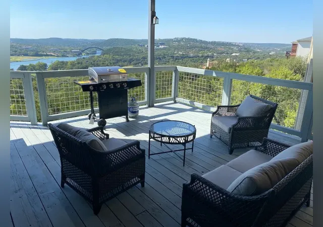 a building outdoor space with patio furniture