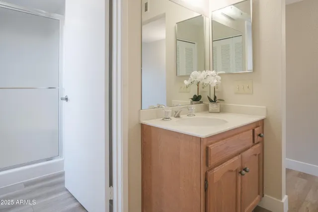 a bathroom with a sink and a mirror
