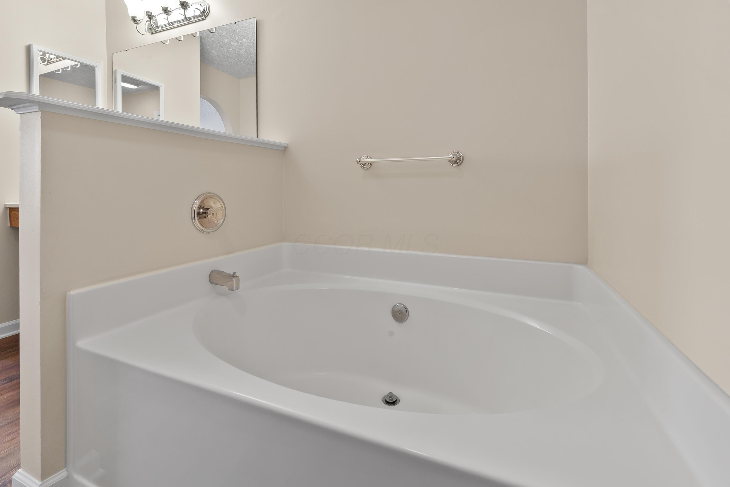 30 Tabilore Loop Delaware, OH 43015 - Photo 34 of 55 • New luxury vinyl plank flooring ~ 2025 • Tan painted walls • Enclosed vanity with single bowl, cultured marble sinktop & vanity area • 4 bulb wall light • Mirrored medicine cabinet • Garden tub • Lighted ceiling exhaust