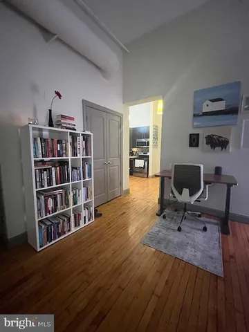 a workspace with a bookshelf