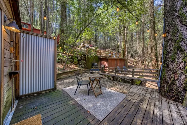 a view of backyard with seating space and trees