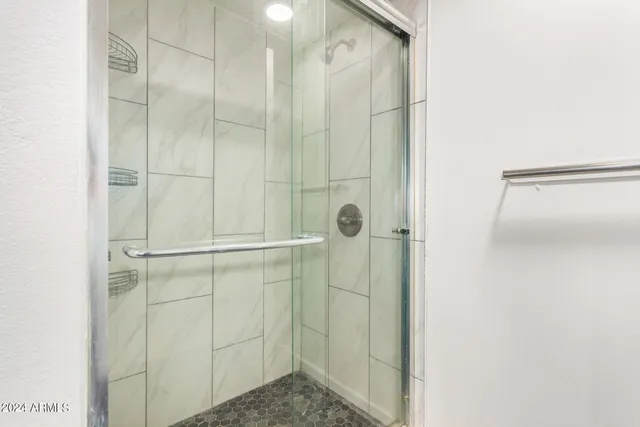 a bathroom with a shower and a glass door