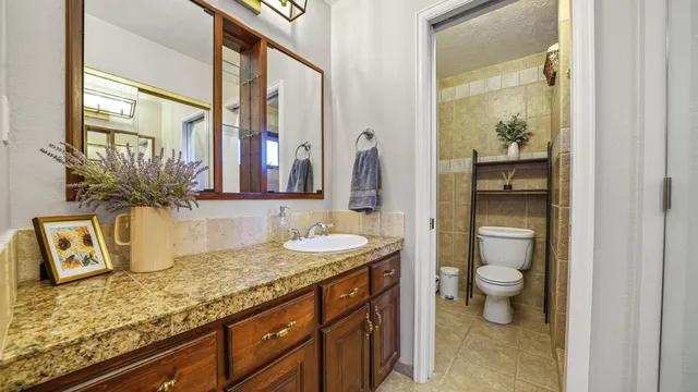 a bathroom with a granite countertop sink and a mirror