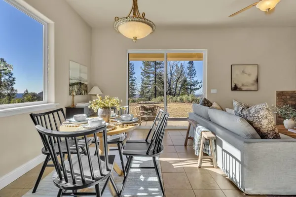 a view of a dining room with furniture window and outside view