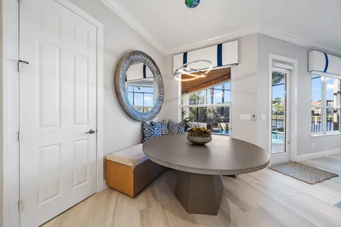 a view of a dining room with furniture