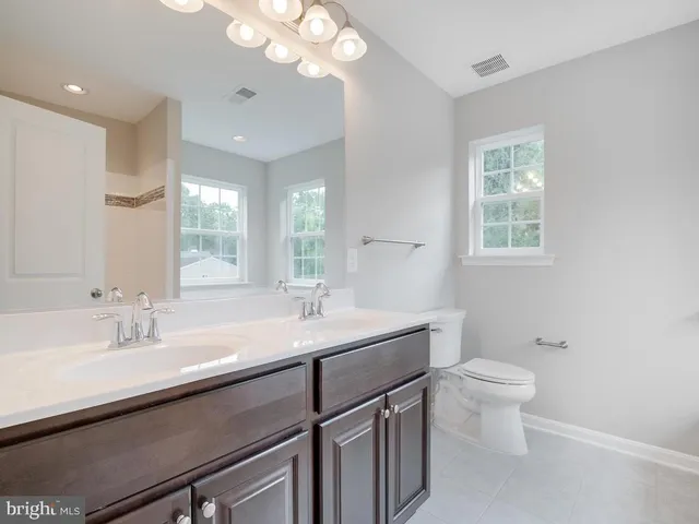 a bathroom with a double vanity sink toilet and a mirror