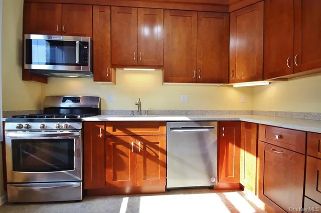 a kitchen with granite countertop wood cabinets stainless steel appliances and a sink