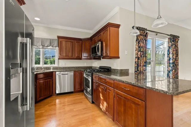 a kitchen with stainless steel appliances granite countertop a stove a sink dishwasher a refrigerator and cabinets with wooden floor