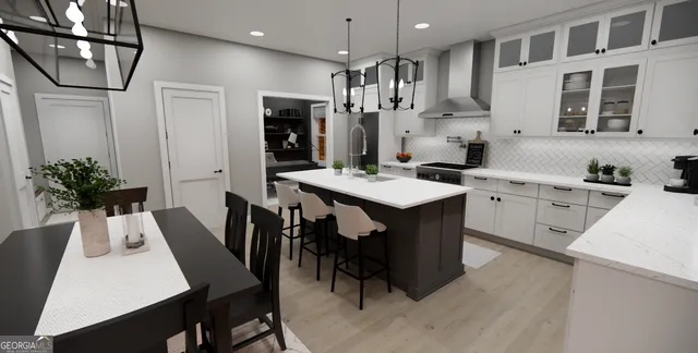 a large kitchen with a table and chairs