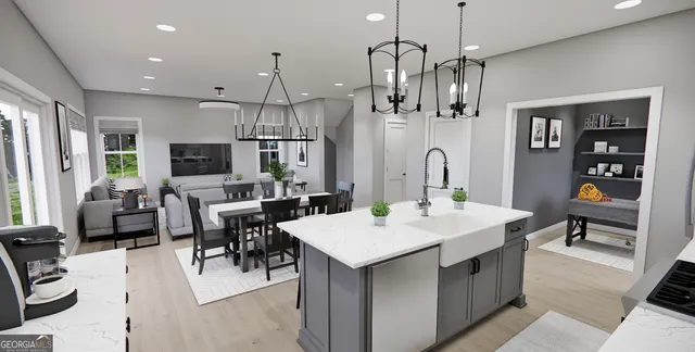 a large kitchen with a table and chairs