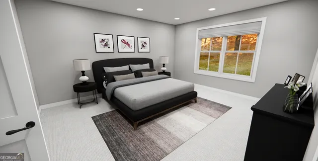 a spacious bedroom with a bed and a window