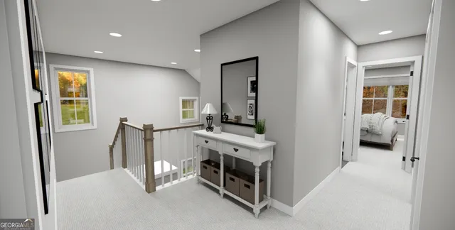 a view of an entryway with workspace and bedroom