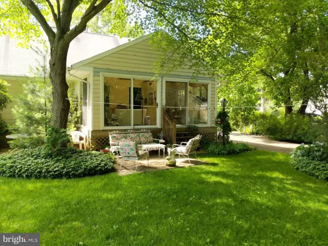a view of backyard with swimming pool and outdoor seating