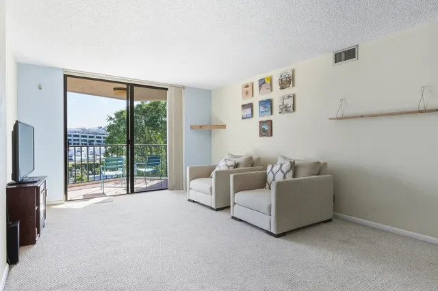 a view of a park with large trees