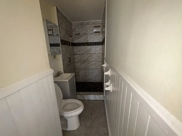 a bathroom with a toilet and a shower