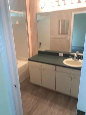 a bathroom with a sink and a mirror