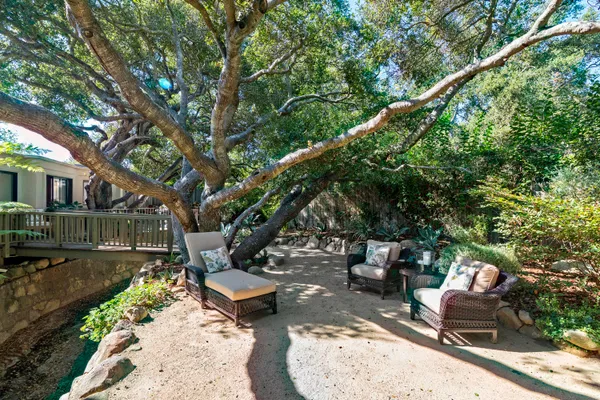 a view of a backyard with table and chairs potted plants and large tree