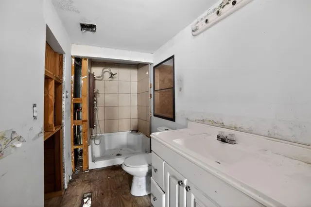 a bathroom with a sink a toilet and shower