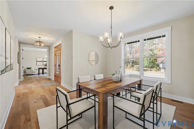 a view of a dining room with furniture window and wooden floor