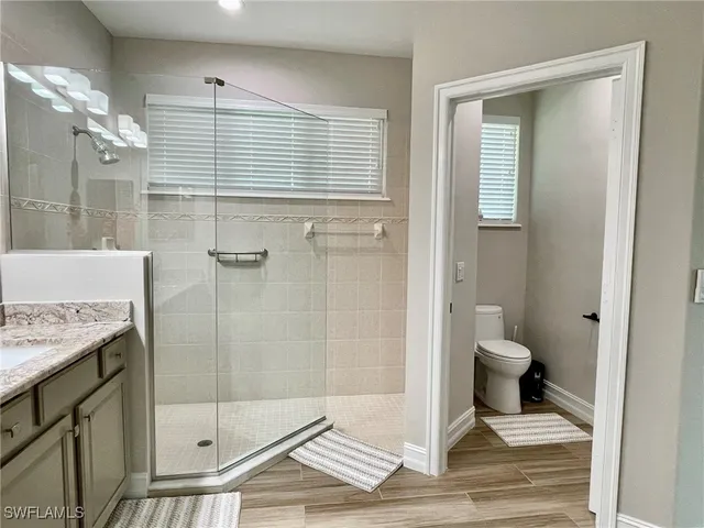 a bathroom with a sink a toilet and shower