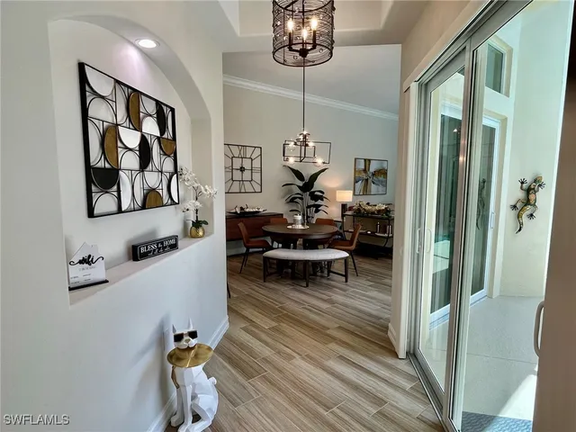 a view of a dining room with furniture