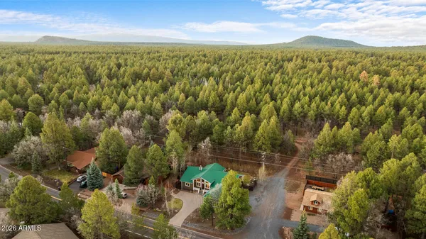 an aerial view of a house with a garden
