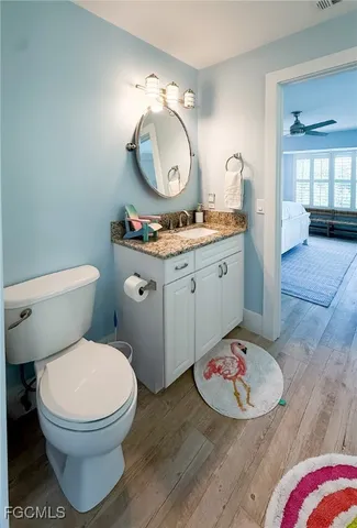 a bathroom with a toilet sink vanity and mirror