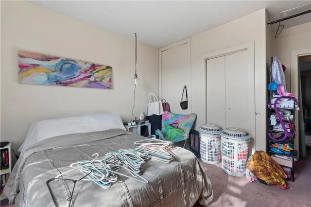 a bedroom with bed and a closet