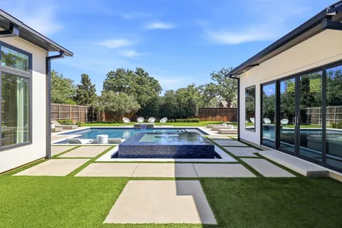a view of a swimming pool with a yard