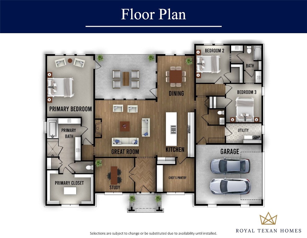 11709 Grand N Road Willis, TX 77378 - Photo 37 of 37 This floor plan has a spacious layout with three bedrooms, including a primary suite with a bath and walk-in closet. The open-concept design connects the great room, dining area, and kitchen with a chef's pantry. Additional amenities include a study, utility room, outdoor lanai, and a side-entry two-car garage.