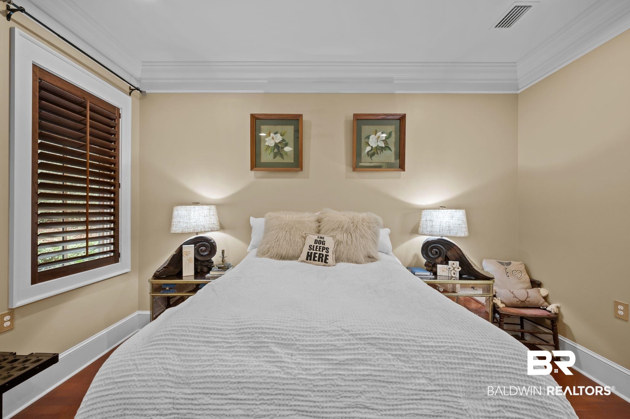 7850 Yorkhaven Road Mobile, AL 36695 - Photo 22 of 57 Bedroom featuring dark wood finished floors, visible vents, baseboards, and ornamental molding