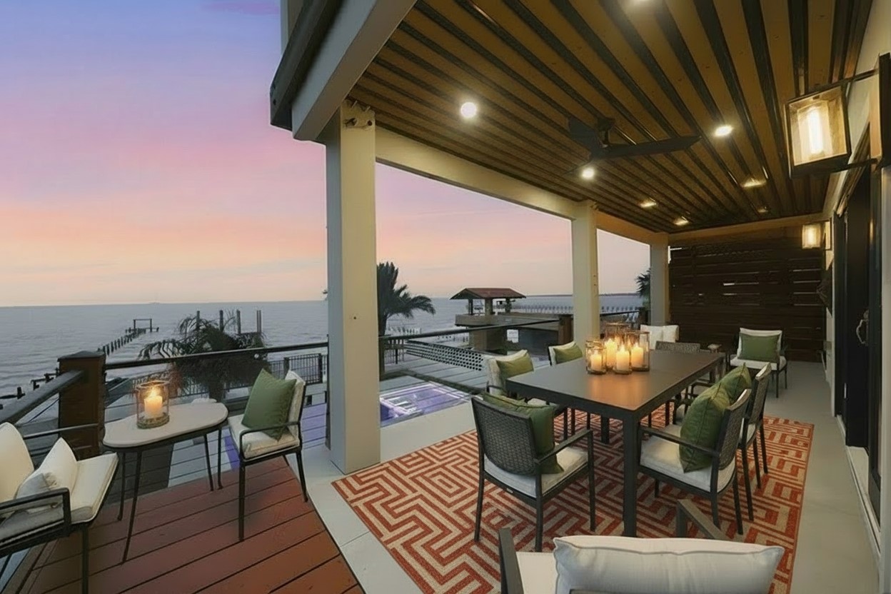 1918 Todville Road Seabrook, TX 77586 - Photo 14 of 41 a view of a roof deck with table and chairs with wooden floor and fence