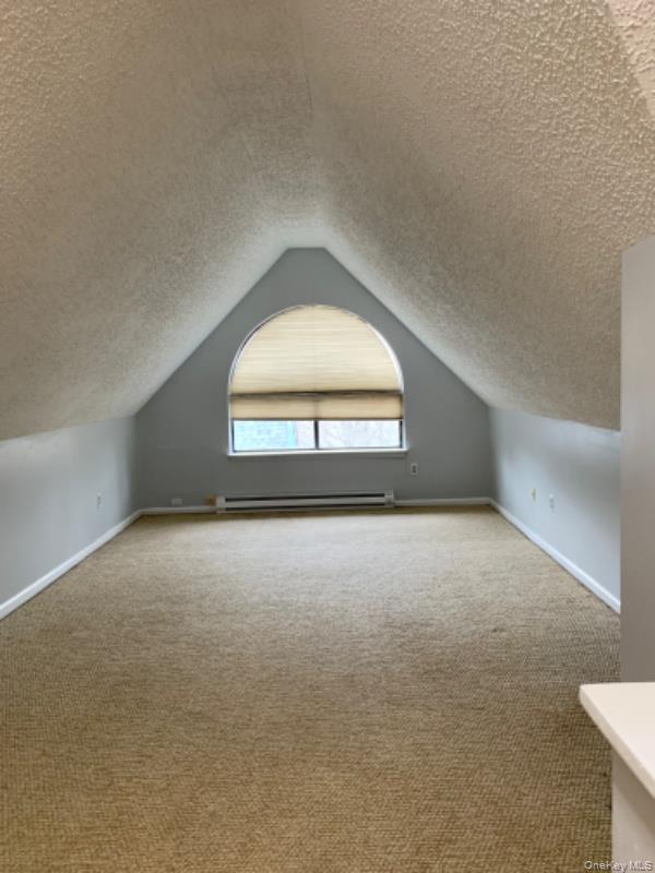 20 Fox Ridge Woodridge, NY 12789 - Photo 14 of 24 Bonus room featuring carpet, a baseboard heating unit, vaulted ceiling, and a textured ceiling