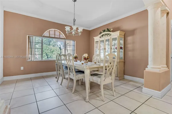 a view of a dining room with furniture window and outside view