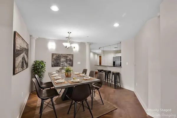 a view of a dining room with furniture