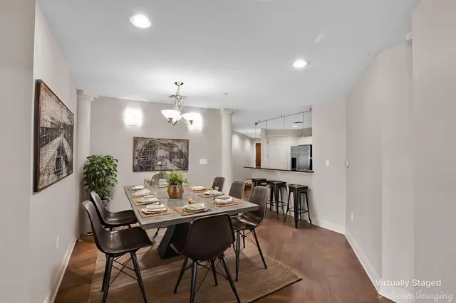 a view of a dining room with furniture