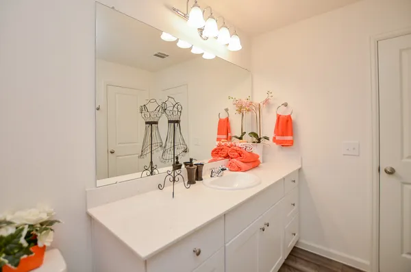 a bathroom with a sink vanity and a mirror
