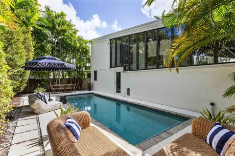 a view of backyard with outdoor seating and plants