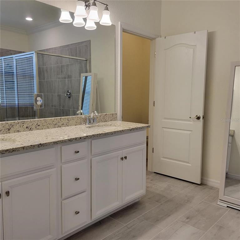 17335 Blue Ridge Place Bradenton, FL 34211 - Photo 14 of 44 a bathroom with a granite countertop sink a mirror and a shower