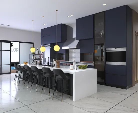 a kitchen with cabinets and chairs
